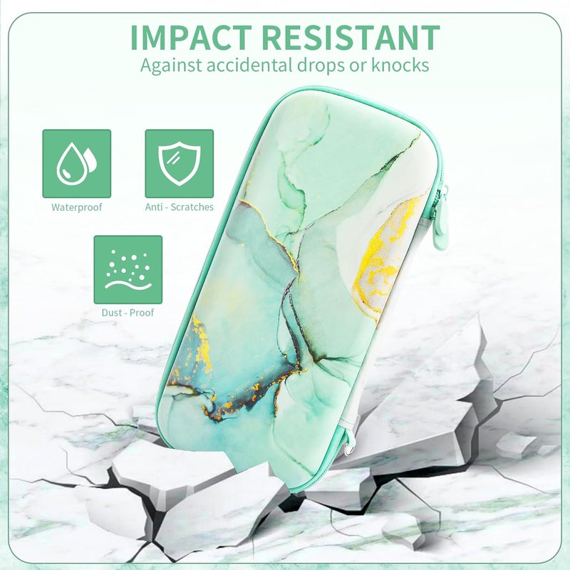F'DIARY Carrying Case for Nintendo Switch OLED, Shockproof Hard Shell Portable Travel Bag for Accessories Kit with PC Protective Cover, Screen Protector, Shoulder Strap & 2 Thumb Grips, Green Marble - Image 3